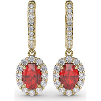 Oval Ruby Drop Earrings with Diamond Halo and Pavé Bar by Fana - 2.86 Carat Total Gemstone Weight
