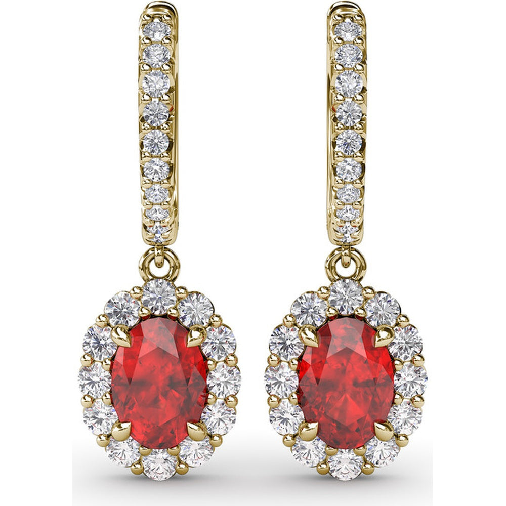 Oval Ruby Drop Earrings with Diamond Halo and Pavé Bar by Fana - 2.86 Carat Total Gemstone Weight