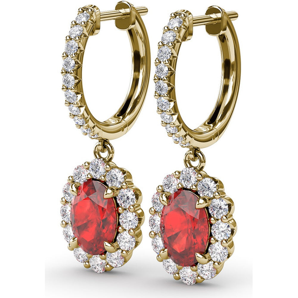 Oval Ruby Drop Earrings with Diamond Halo and Pavé Bar by Fana - 2.86 Carat Total Gemstone Weight