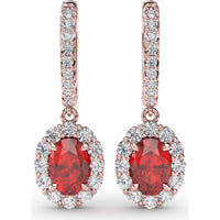 Oval Ruby Drop Earrings with Diamond Halo and Pavé Bar by Fana - 2.86 Carat Total Gemstone Weight