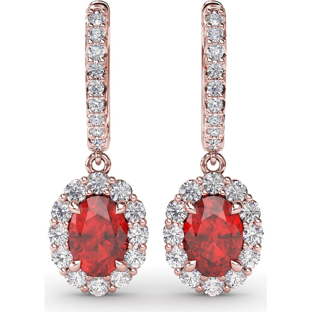 Oval Ruby Drop Earrings with Diamond Halo and Pavé Bar by Fana - 2.86 Carat Total Gemstone Weight