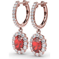 Oval Ruby Drop Earrings with Diamond Halo and Pavé Bar by Fana - 2.86 Carat Total Gemstone Weight