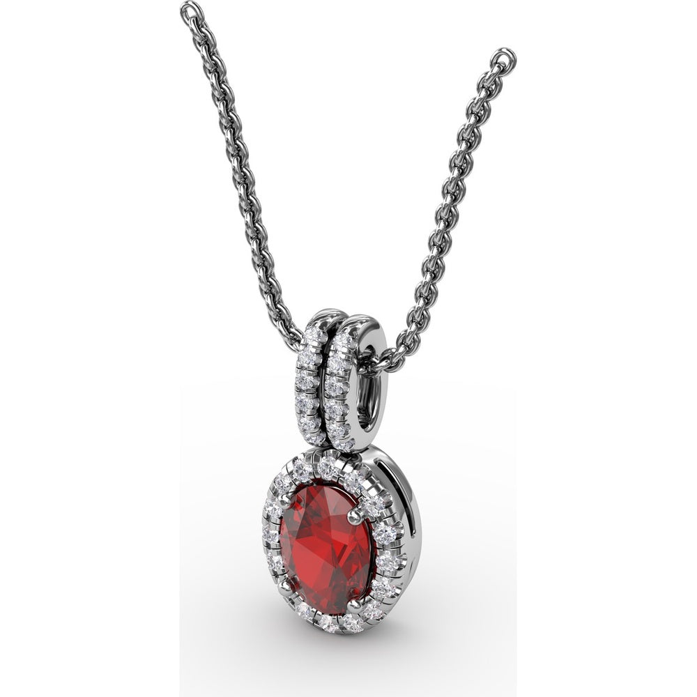 Oval Ruby Pendant with Diamond Halo and Pavé Bail by Fana - 0.81 Carat Total Gemstone Weight