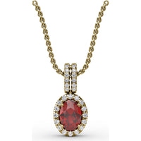 Oval Ruby Pendant with Diamond Halo and Pavé Bail by Fana - 0.81 Carat Total Gemstone Weight