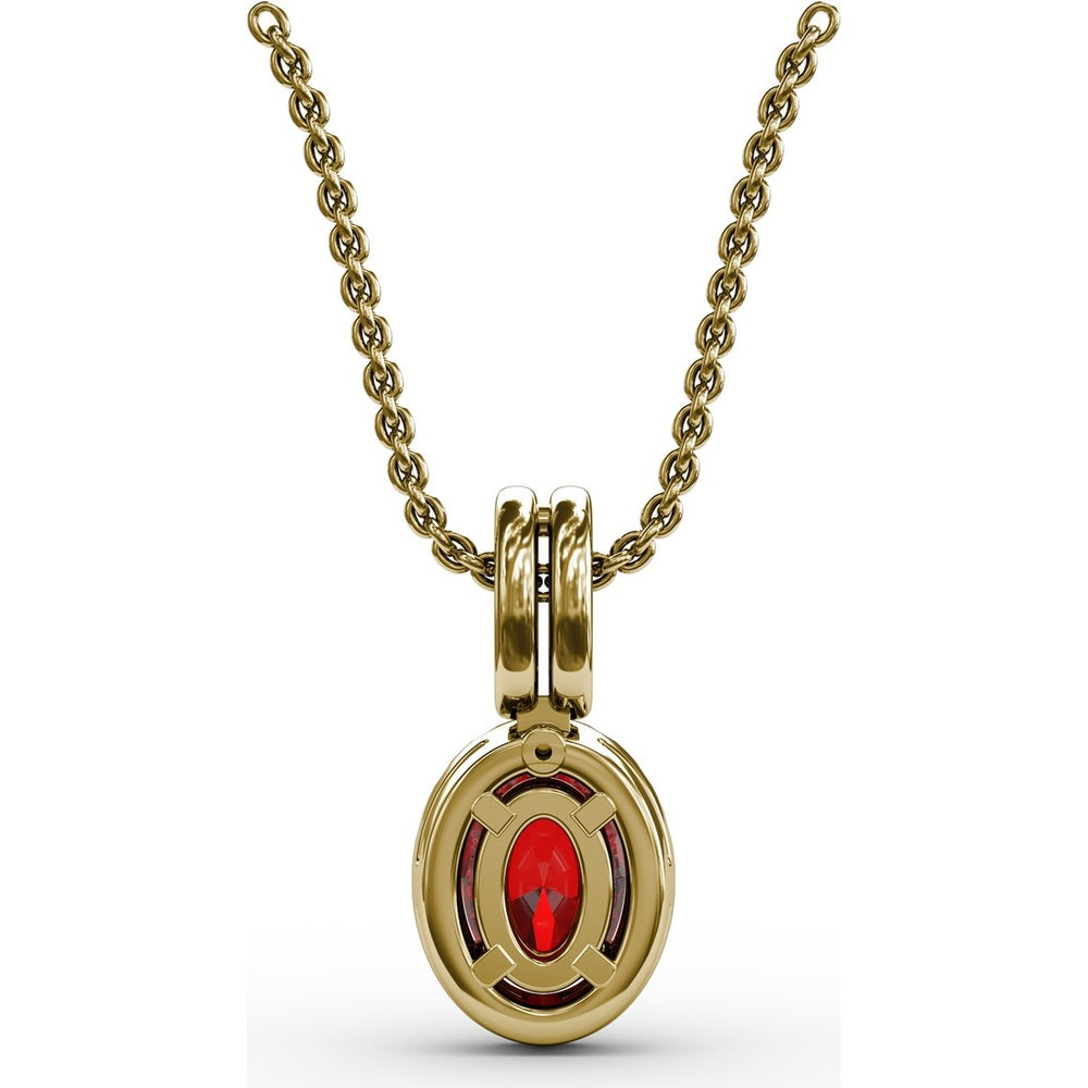 Oval Ruby Pendant with Diamond Halo and Pavé Bail by Fana - 0.81 Carat Total Gemstone Weight