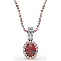 Oval Ruby Pendant with Diamond Halo and Pavé Bail by Fana - 0.81 Carat Total Gemstone Weight