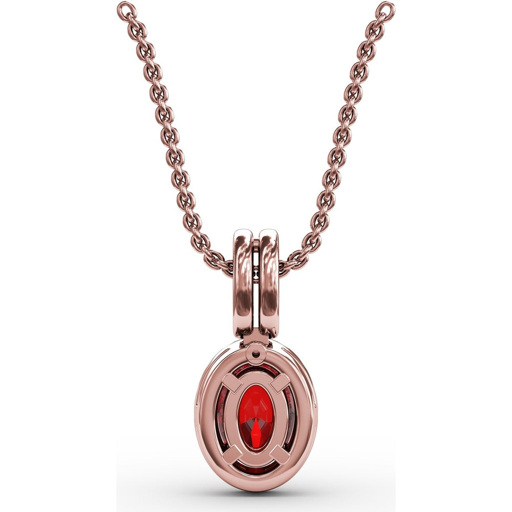 Oval Ruby Pendant with Diamond Halo and Pavé Bail by Fana - 0.81 Carat Total Gemstone Weight
