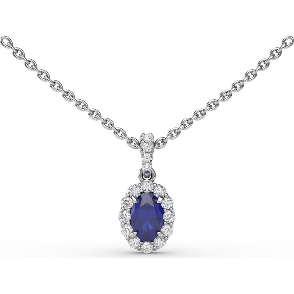 Oval Sapphire and Diamond Halo Pendant Necklace with Cable Chain by Fana - 0.88 Carat Total Gemstone Weight