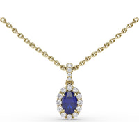 Oval Sapphire and Diamond Halo Pendant Necklace with Cable Chain by Fana - 0.88 Carat Total Gemstone Weight