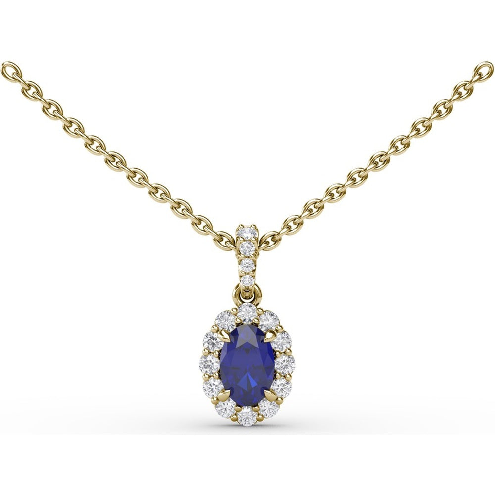 Oval Sapphire and Diamond Halo Pendant Necklace with Cable Chain by Fana - 0.88 Carat Total Gemstone Weight