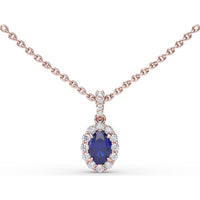 Oval Sapphire and Diamond Halo Pendant Necklace with Cable Chain by Fana - 0.88 Carat Total Gemstone Weight