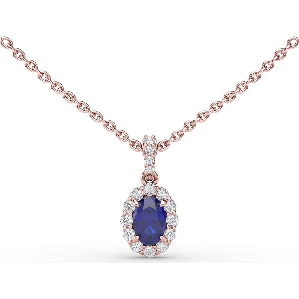Oval Sapphire and Diamond Halo Pendant Necklace with Cable Chain by Fana - 0.88 Carat Total Gemstone Weight