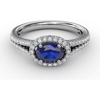 Oval Sapphire Halo Ring with Split Shank Pavé Diamonds by Fana - 0.92 Carat Total Diamond Weight