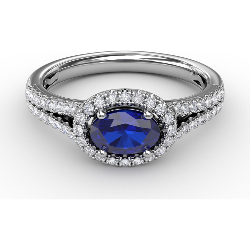 Oval Sapphire Halo Ring with Split Shank Pavé Diamonds by Fana - 0.92 Carat Total Diamond Weight