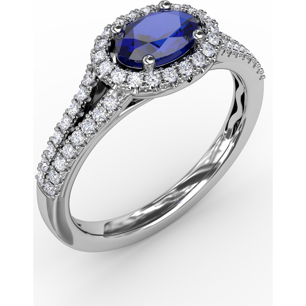 Oval Sapphire Halo Ring with Split Shank Pavé Diamonds by Fana - 0.92 Carat Total Diamond Weight