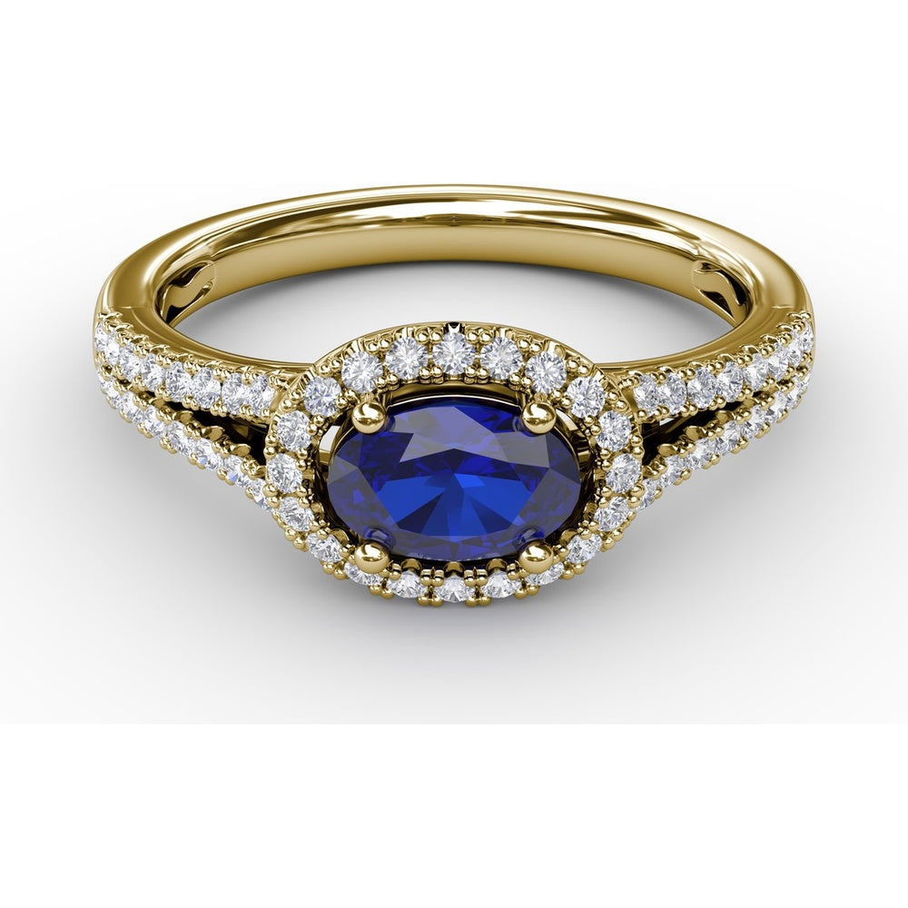Oval Sapphire Halo Ring with Split Shank Pavé Diamonds by Fana - 0.92 Carat Total Diamond Weight