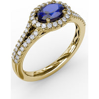 Oval Sapphire Halo Ring with Split Shank Pavé Diamonds by Fana - 0.92 Carat Total Diamond Weight