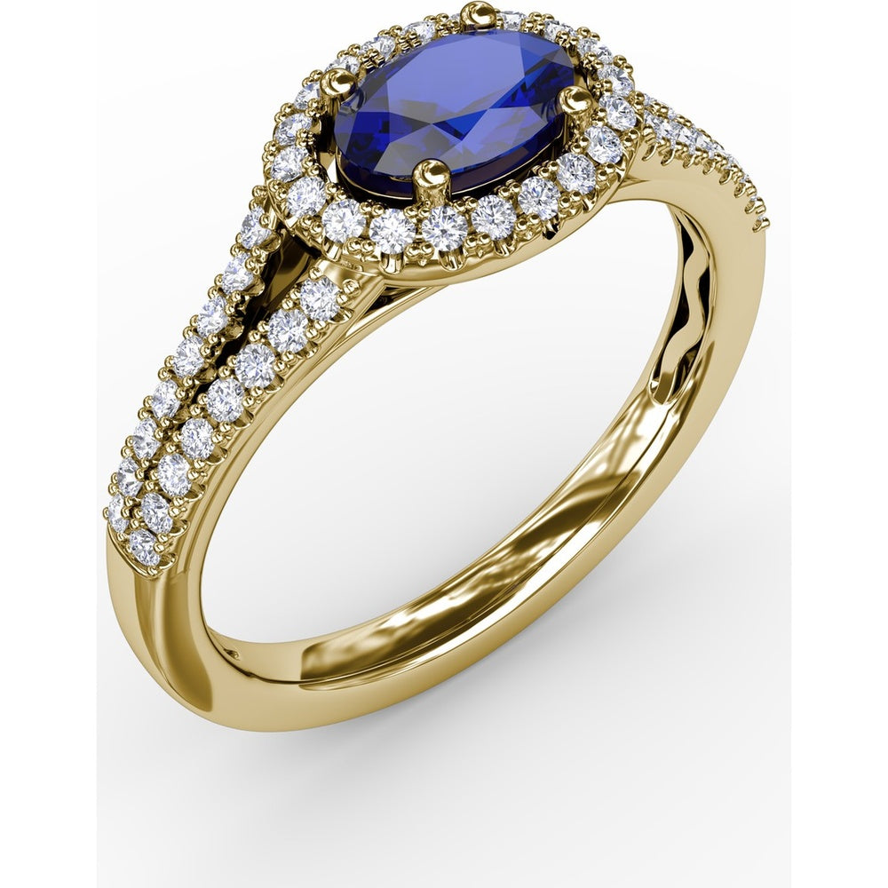 Oval Sapphire Halo Ring with Split Shank Pavé Diamonds by Fana - 0.92 Carat Total Diamond Weight