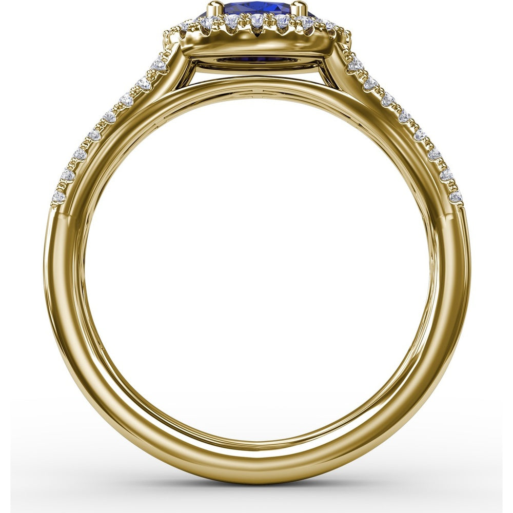 Oval Sapphire Halo Ring with Split Shank Pavé Diamonds by Fana - 0.92 Carat Total Diamond Weight
