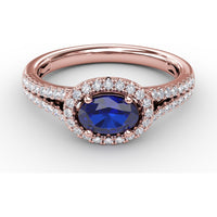 Oval Sapphire Halo Ring with Split Shank Pavé Diamonds by Fana - 0.92 Carat Total Diamond Weight
