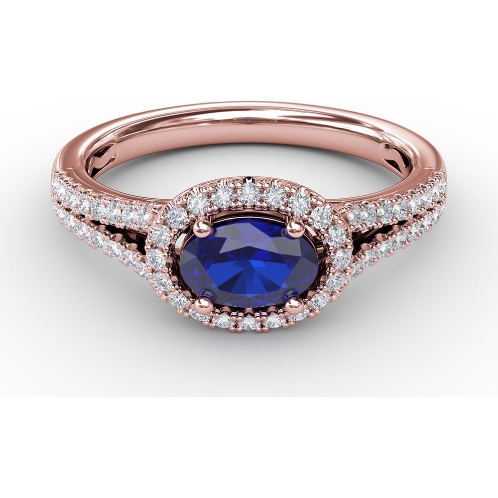 Oval Sapphire Halo Ring with Split Shank Pavé Diamonds by Fana - 0.92 Carat Total Diamond Weight