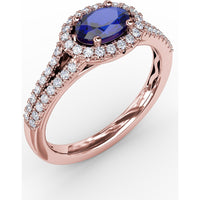 Oval Sapphire Halo Ring with Split Shank Pavé Diamonds by Fana - 0.92 Carat Total Diamond Weight
