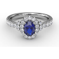 Oval Sapphire Ring with Diamond Halo and Split Shank Pavé Band by Fana - 1.20 Carat Total Gemstone Weight