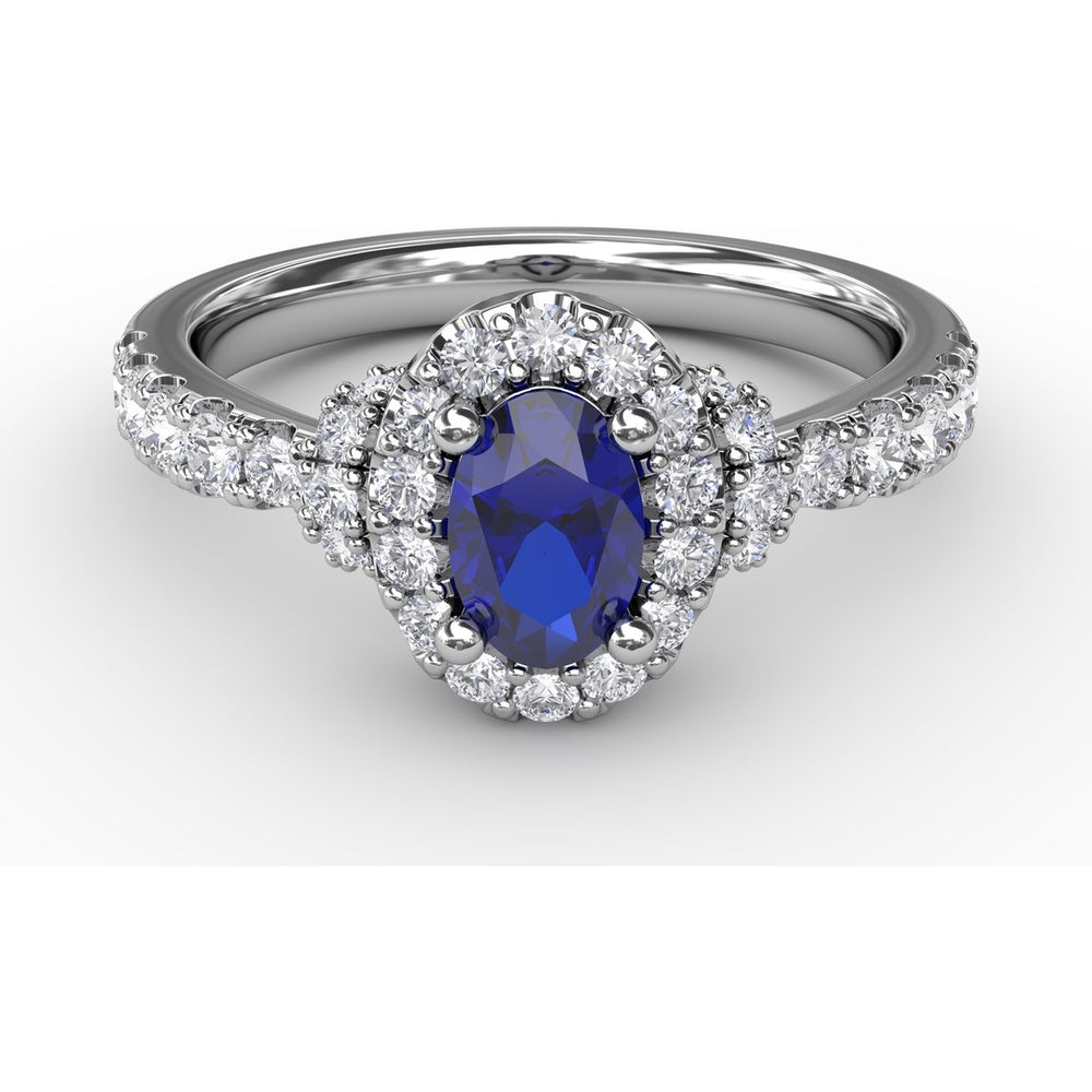 Oval Sapphire Ring with Diamond Halo and Split Shank Pavé Band by Fana - 1.20 Carat Total Gemstone Weight