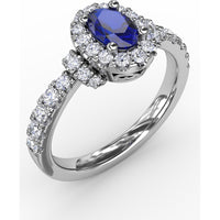 Oval Sapphire Ring with Diamond Halo and Split Shank Pavé Band by Fana - 1.20 Carat Total Gemstone Weight