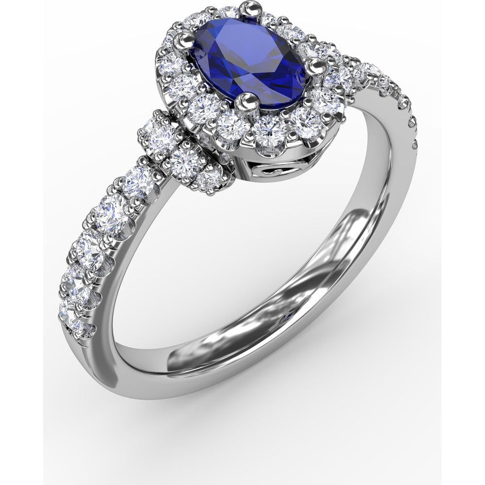 Oval Sapphire Ring with Diamond Halo and Split Shank Pavé Band by Fana - 1.20 Carat Total Gemstone Weight