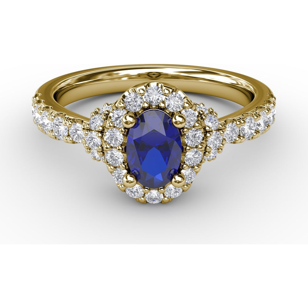Oval Sapphire Ring with Diamond Halo and Split Shank Pavé Band by Fana - 1.20 Carat Total Gemstone Weight