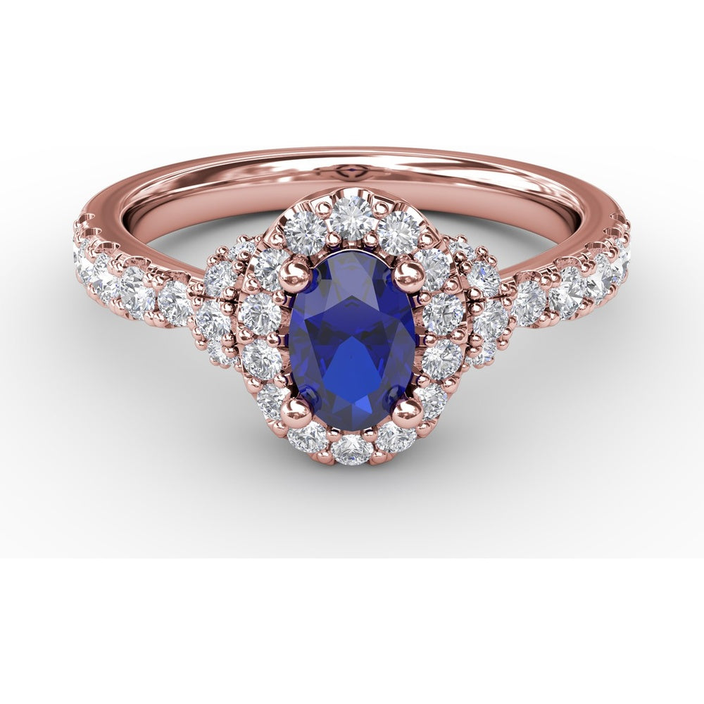 Oval Sapphire Ring with Diamond Halo and Split Shank Pavé Band by Fana - 1.20 Carat Total Gemstone Weight