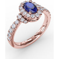 Oval Sapphire Ring with Diamond Halo and Split Shank Pavé Band by Fana - 1.20 Carat Total Gemstone Weight