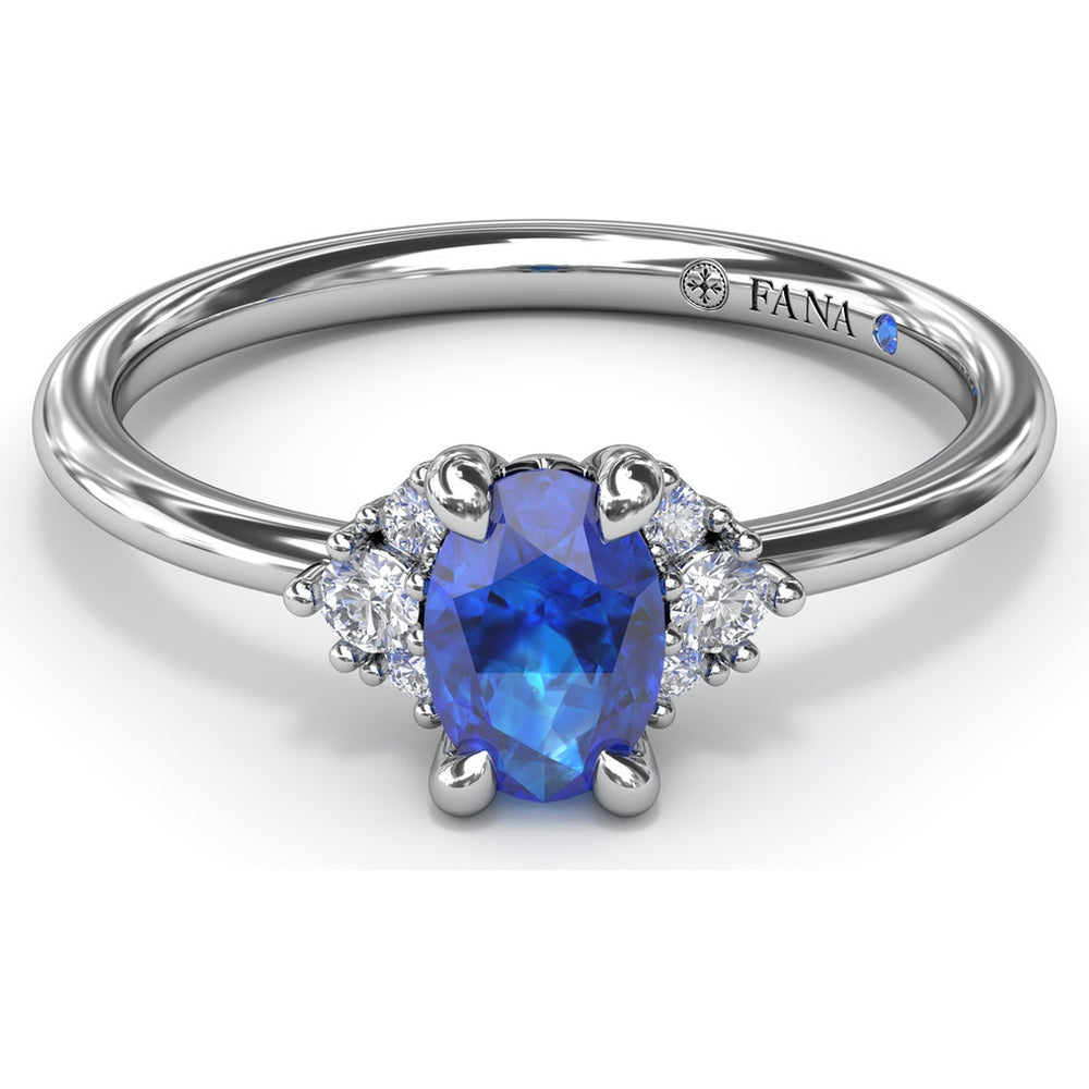 Oval Sapphire Ring with Diamond Trio Clusters by Fana - 0.59 Carat Total Diamond Weight