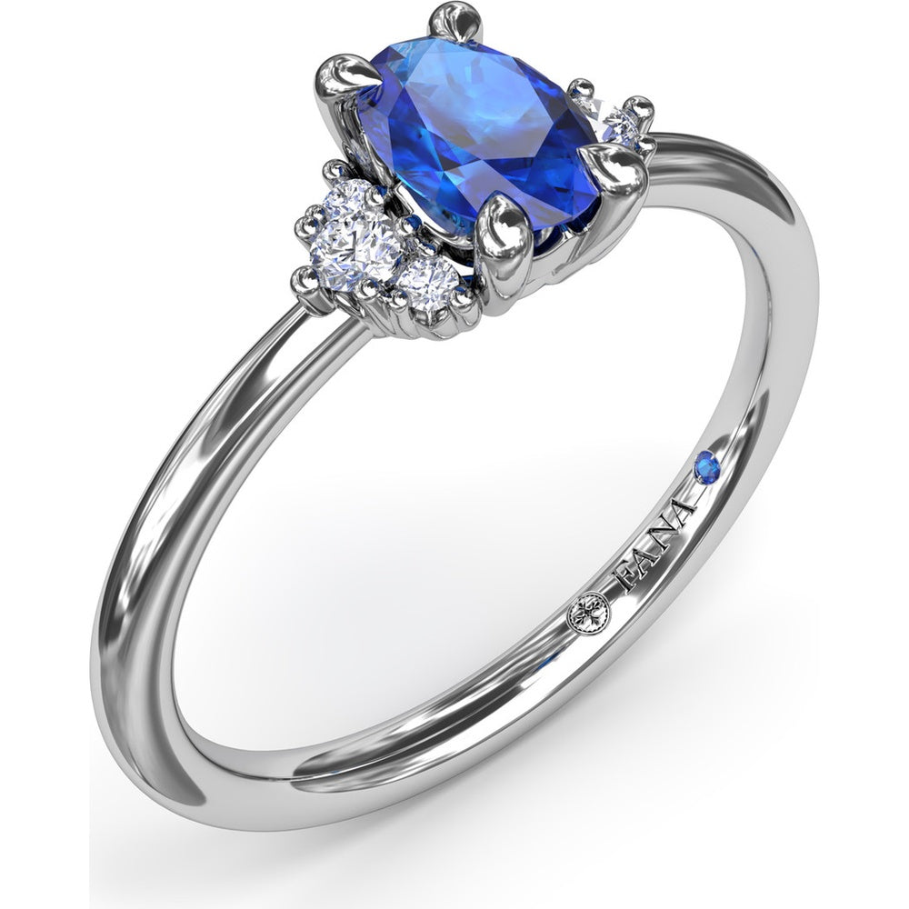 Oval Sapphire Ring with Diamond Trio Clusters by Fana - 0.59 Carat Total Diamond Weight