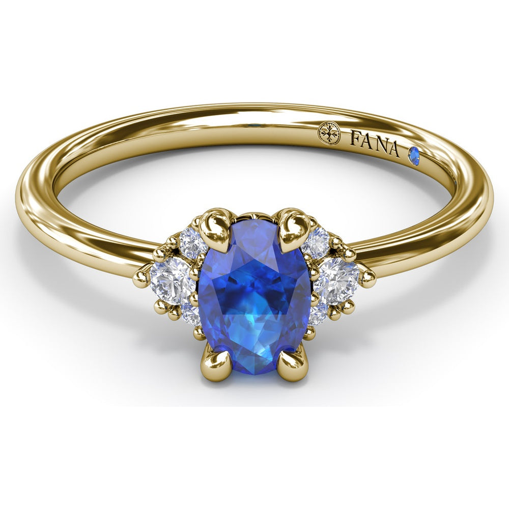 Oval Sapphire Ring with Diamond Trio Clusters by Fana - 0.59 Carat Total Diamond Weight