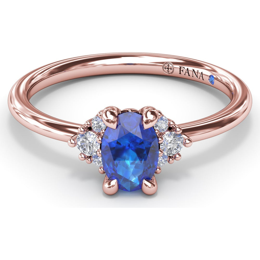 Oval Sapphire Ring with Diamond Trio Clusters by Fana - 0.59 Carat Total Diamond Weight