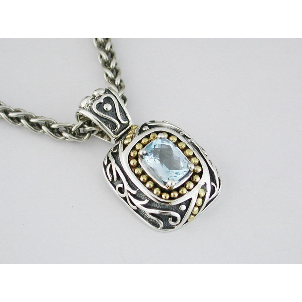 Oxidized Silver and Gold-Tone Pendant Necklace with Prong-Set Oval Blue Topaz - 1.70 Carat Total Gem Weight - Royal Jewelry