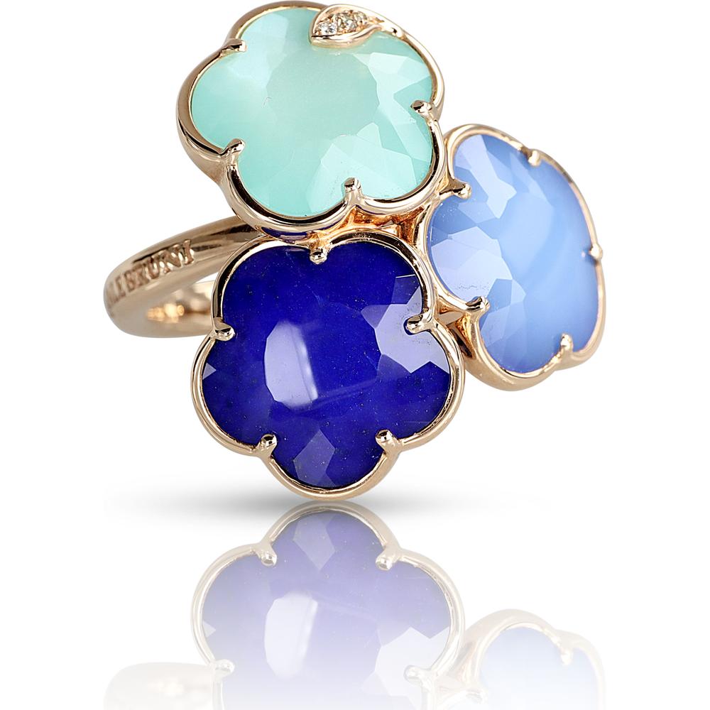 Pasquale Bruni Petit Joli in the Blue Ring in 18K Rose Gold With Blue Moon (White Agathe and Lapis Lazuli Doublet), Lapis Lazuli and Rock Crystal Doublet, Sea Moon Gem Made of Turquoise and White Moonstone Doublet, White and Champagne Diamonds