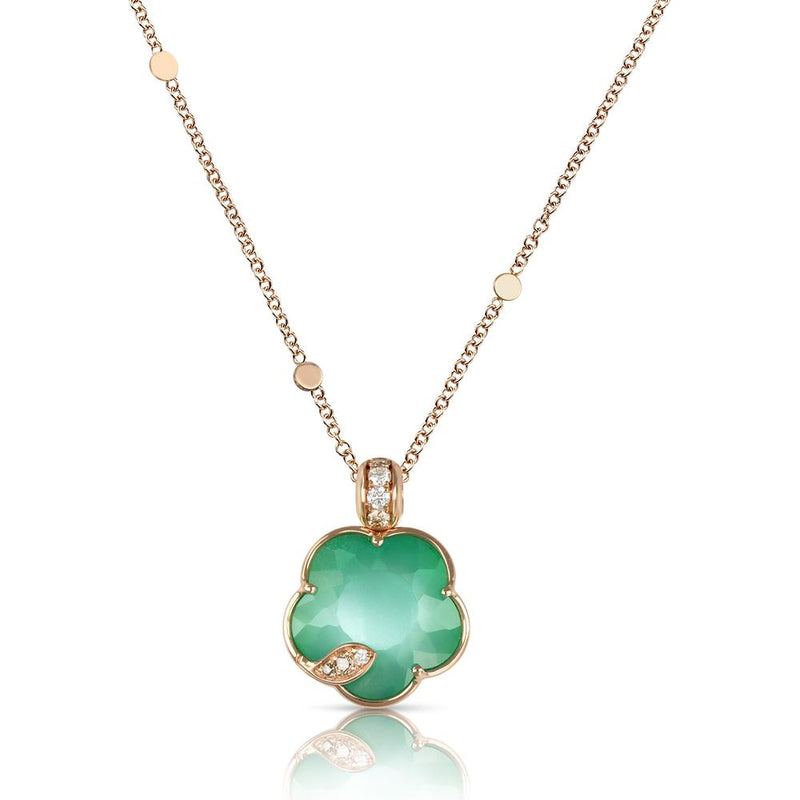 Pasquale Bruni Petit Joli Lunaire Necklace in 18K Rose Gold With Lunar Garden Gem Made of Green Agate and White Moonstone, White and Champagne Diamonds