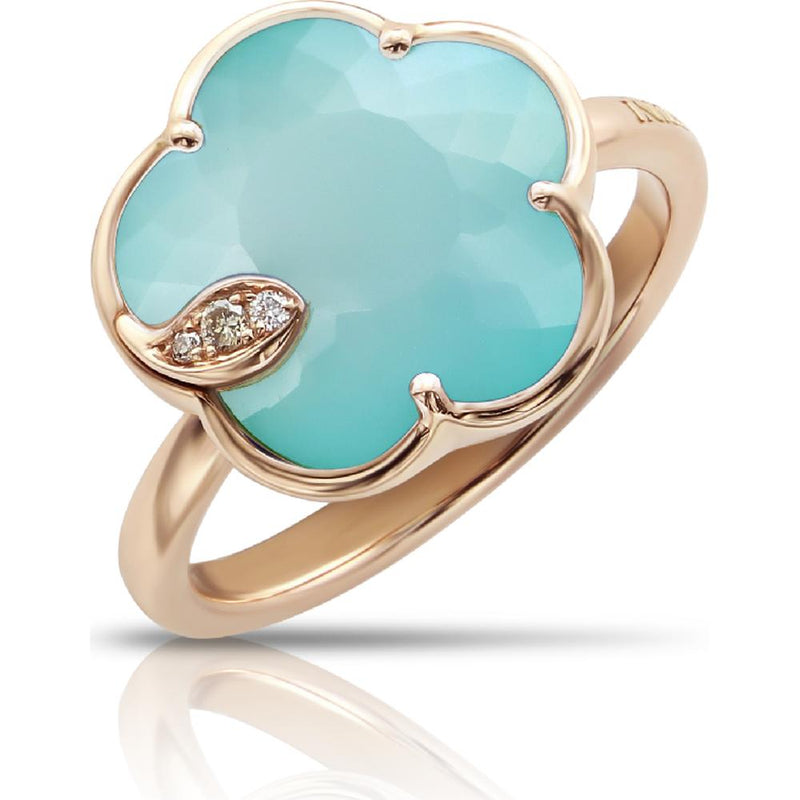 Pasquale Bruni Petit Joli Ring in 18K Rose Gold With Sea Moon Gem Made of Turquoise and White Moonstone Doublet, White and Champagne Diamonds