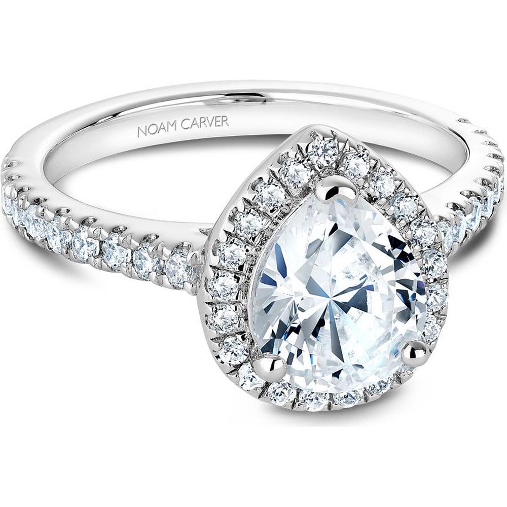 Pear Cut Diamond Engagement Ring with Halo and Pav&eacute; Band in White Gold by Noam Carver<em> - Choose Your Center Diamond: 1 to 5 Carats, Sustainable Lab-Grown or Natural Earth-Mined</em>