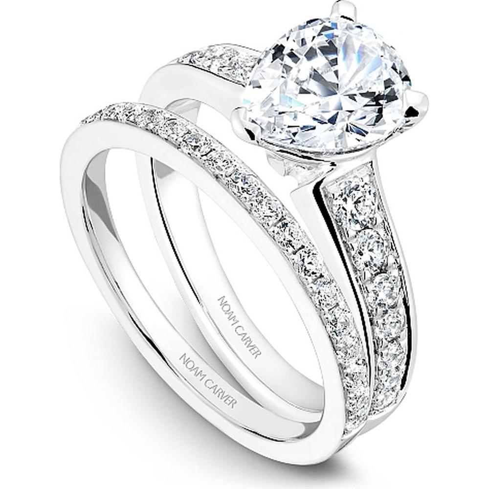Pear Cut Diamond Engagement Ring with Three-Prong Setting and Pav&eacute; Band in White Gold by Noam Carver<em> - Choose Your Center Diamond: 1 to 5 Carats, Sustainable Lab-Grown or Natural Earth-Mined</em>