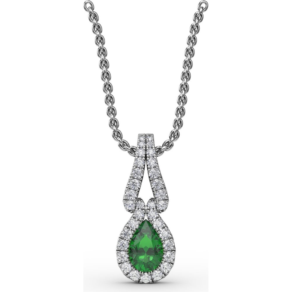Pear Emerald Pendant with Diamond Halo and Openwork Bail by Fana - 0.56 Carat Total Gemstone Weight