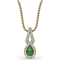 Pear Emerald Pendant with Diamond Halo and Openwork Bail by Fana - 0.56 Carat Total Gemstone Weight