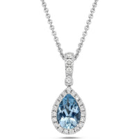 Pear Shape Aquamarine, Diamond and Blue Sapphire Pendant Necklace in 18K White Gold by Charles Krypell