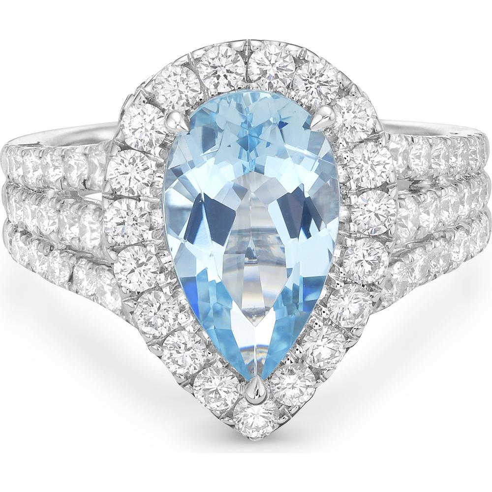 Pear Shape Aquamarine, Diamond and Blue Sapphire Triple Row Split Shank Ring in 18K White Gold by Charles Krypell