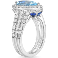 Pear Shape Aquamarine, Diamond and Blue Sapphire Triple Row Split Shank Ring in 18K White Gold by Charles Krypell