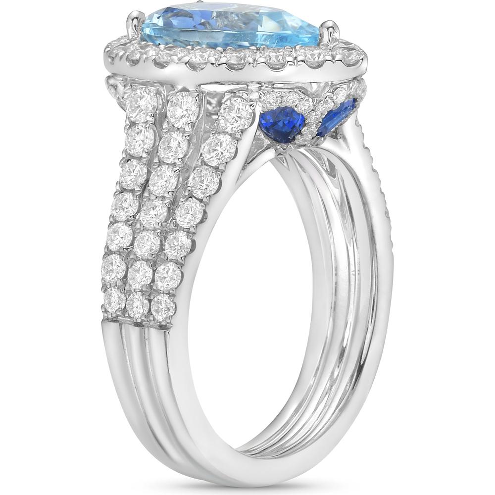 Pear Shape Aquamarine, Diamond and Blue Sapphire Triple Row Split Shank Ring in 18K White Gold by Charles Krypell