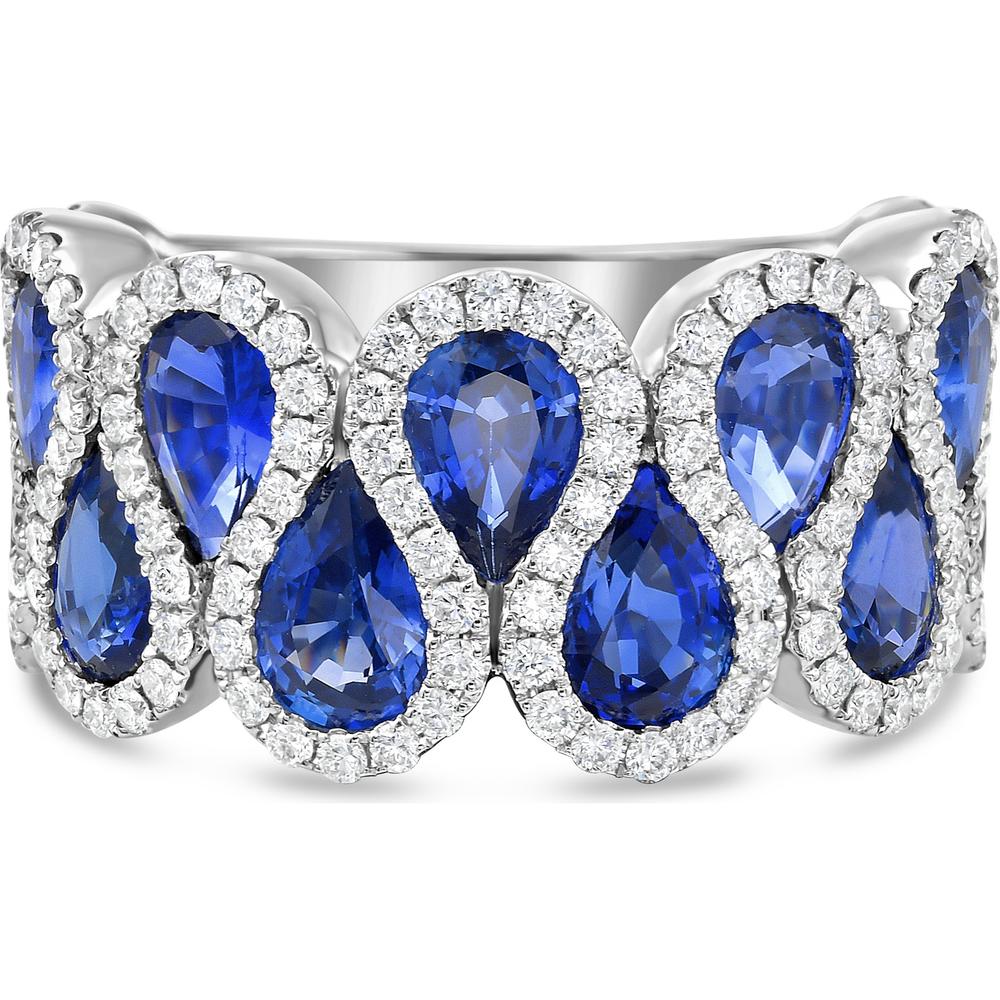 Pear Shape Blue Sapphire and Diamond Ribbon Band Ring in 18K White Gold by Charles Krypell